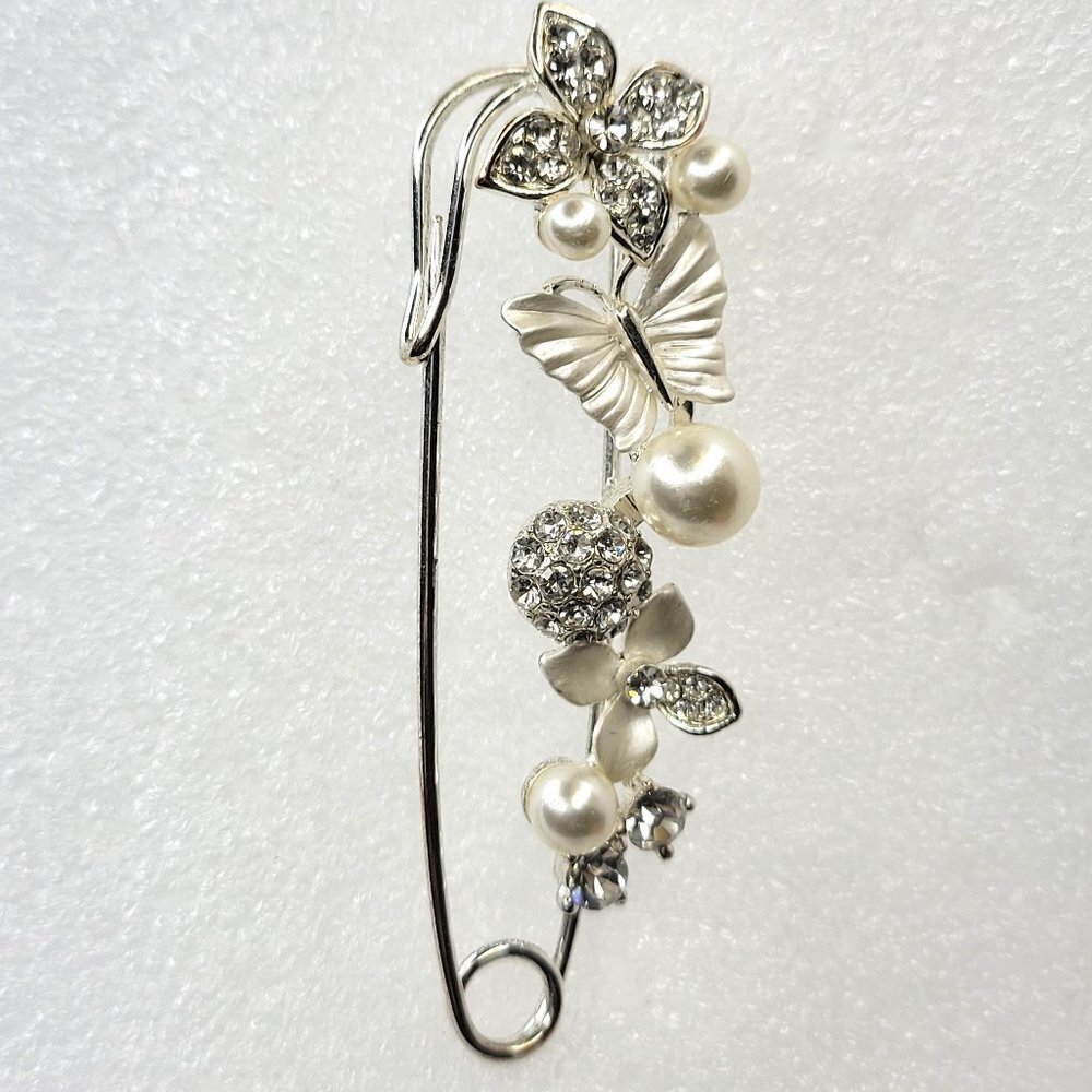 Butterfly and Pearl Brooch Pin on A Safety Pin Clip